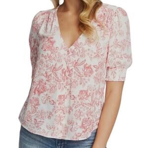 1.State White Red Floral Allover Print V Neck Button Front Blouse Top